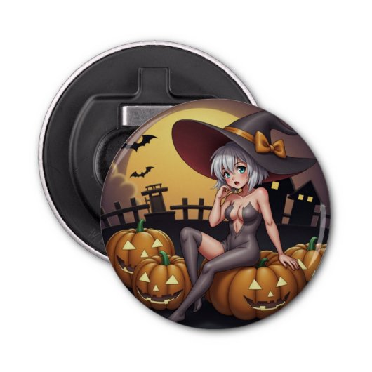 Green Eye Halloween Witch voor Jack-O-Lantern Button Flesopener (Voorkant)