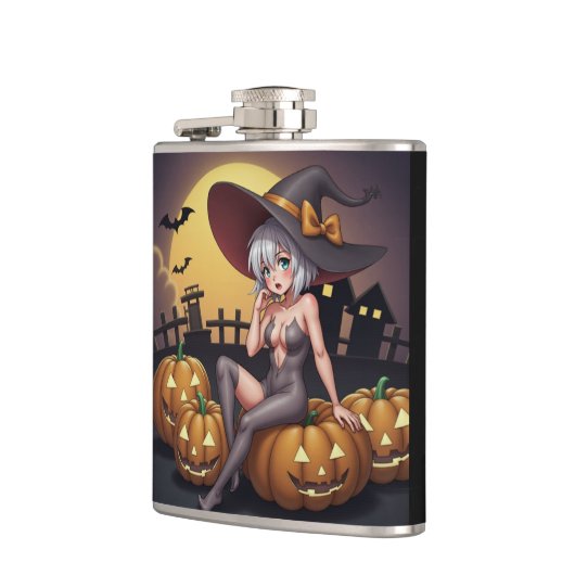 Green Eye Halloween Witch voor Jack-O-Lantern Heupfles (Links)