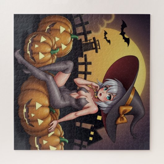 Green Eye Halloween Witch voor Jack-O-Lantern Legpuzzel (Horizontaal)