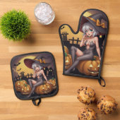 Green Eye Halloween Witch voor Jack-O-Lantern Ovenwant & Pannenlap Set (Top down)