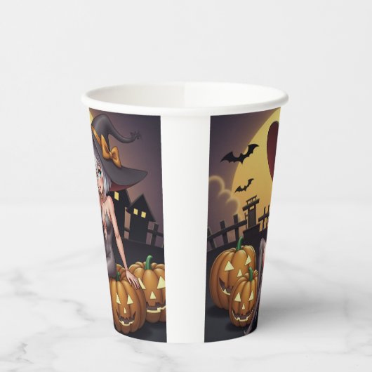 Green Eye Halloween Witch voor Jack-O-Lantern Papieren Bekers (Links)