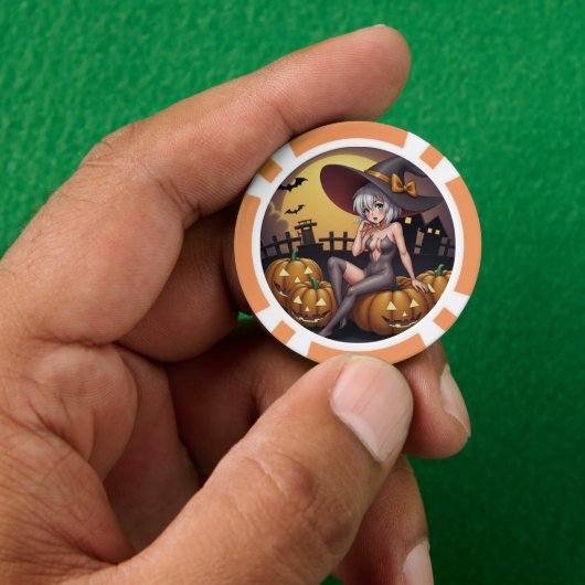 Green Eye Halloween Witch voor Jack-O-Lantern Poker Chips (Hand)
