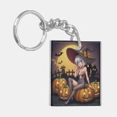 Green Eye Halloween Witch voor Jack-O-Lantern Sleutelhanger (Voorkant Links)