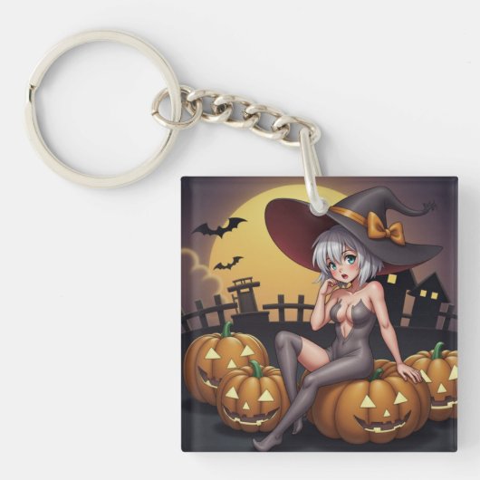 Green Eye Halloween Witch voor Jack-O-Lantern Sleutelhanger (Voorkant)