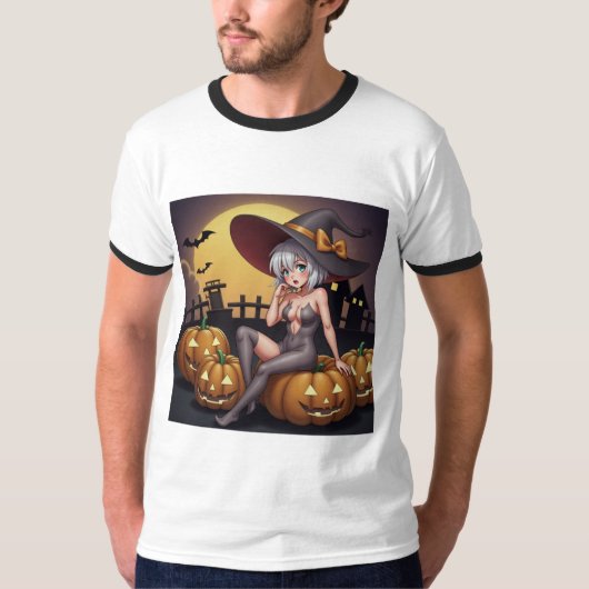 Green Eye Halloween Witch voor Jack-O-Lantern T-shirt (Voorkant)