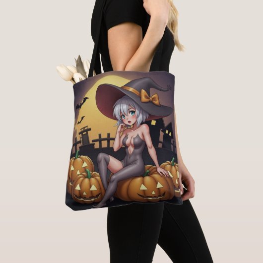 Green Eye Halloween Witch voor Jack-O-Lantern Tote Bag (Dichtbij)