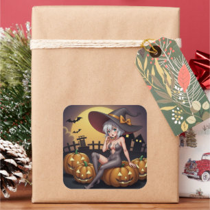 Green Eye Halloween Witch voor Jack-O-Lantern Vierkante Sticker