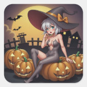 Green Eye Halloween Witch voor Jack-O-Lantern Vierkante Sticker (Voorkant)