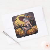 Green Eye Halloween Witch voor Jack-O-Lantern Vierkante Sticker (Envelop)