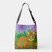 Green Eyed Cat in een bloementuin Crossbody Tas (Achterkant)