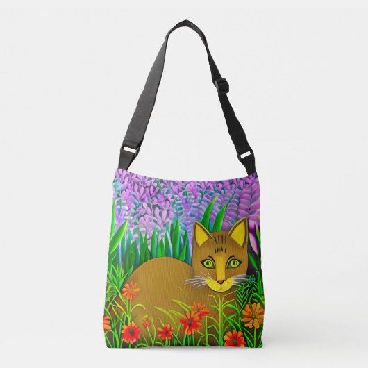Green Eyed Cat in een bloementuin Crossbody Tas (Voorkant)