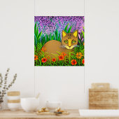 Green Eyed Cat in een bloementuin Poster (Keuken)