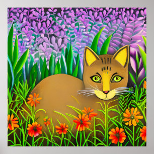 Green Eyed Cat in een bloementuin Poster