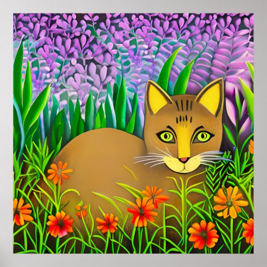 Green Eyed Cat in een bloementuin Poster (Voorkant)