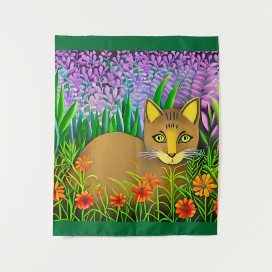 Green Eyed Cat in een bloementuin Wandkleed (Voorkant)