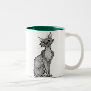 Green Eyed Creepy Cat Tweekleurige Koffiemok