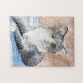 Green Eyed, Grey, White, and Brown Cat Waterverf Legpuzzel (Horizontaal)