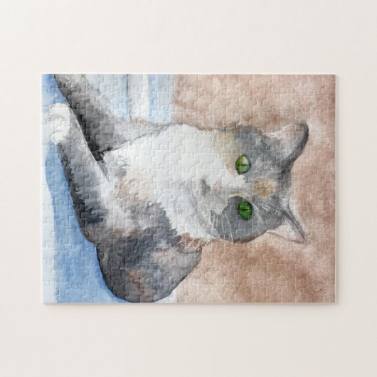 Green Eyed, Grey, White, and Brown Cat Waterverf Legpuzzel (Horizontaal)