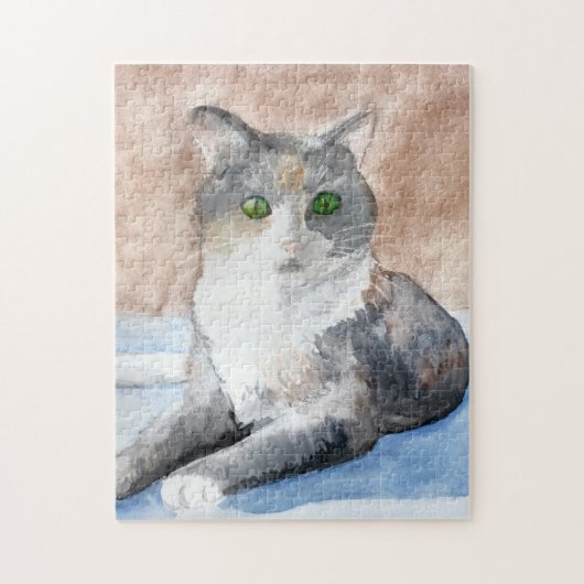Green Eyed, Grey, White, and Brown Cat Waterverf Legpuzzel (Verticaal)