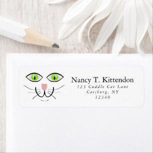 Green Eyed Happy Cat Gezicht Tekenen met Whiskers Etiket