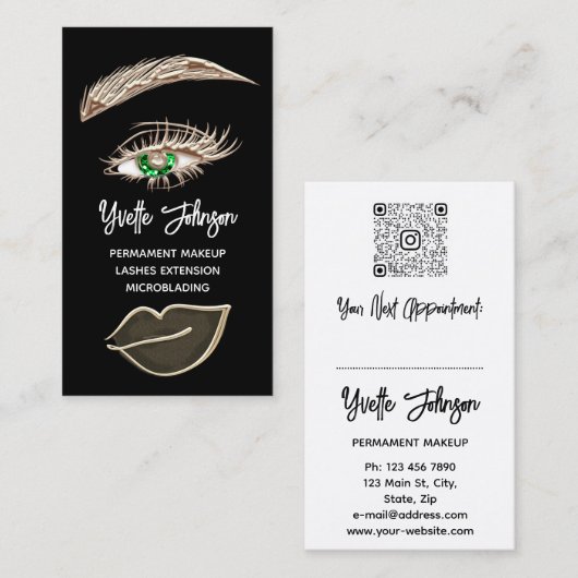 Green Eyelash Brows Makeup Logo QRCode Gold Black Visitekaartje (Voorkant / Achterkant)