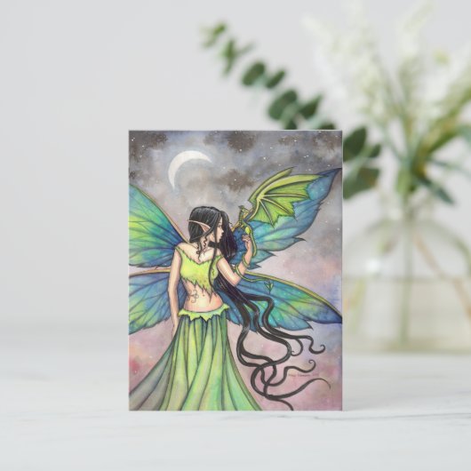 Green Fairy en Dragon Fantasy Art Briefkaart (Staand voorkant)