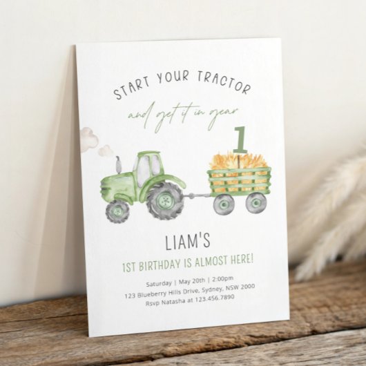 Green Farm Tractor 1st Birthday Party Kaart