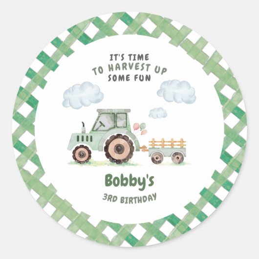 Green Farm Tractor Boys Any Age Birthday Ronde Sticker (Voorkant)