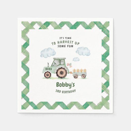 Green Farm Tractor Boys Any Age Birthday Servet (Voorkant)