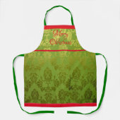 Green Faux Brocade Red Trim Holiday Apron Schort (Voorkant)