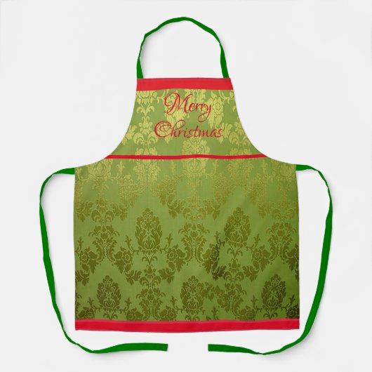  Green Faux Brocade Red Trim Holiday Apron Schort (Voorkant)