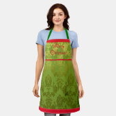  Green Faux Brocade Red Trim Holiday Apron Schort (Gedragen)