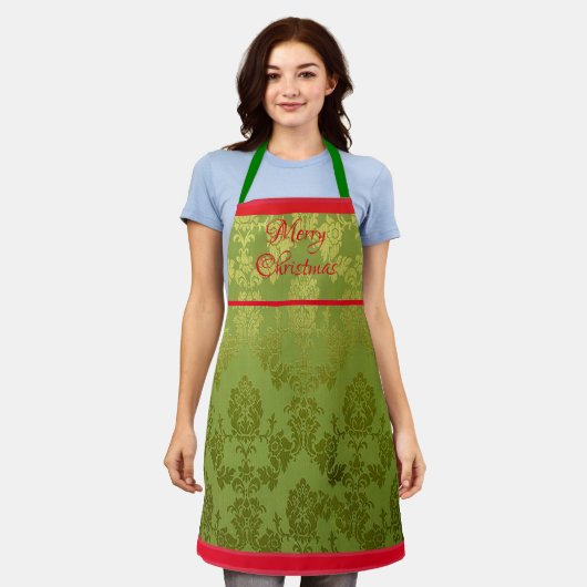 Green Faux Brocade Red Trim Holiday Apron Schort (Gedragen)