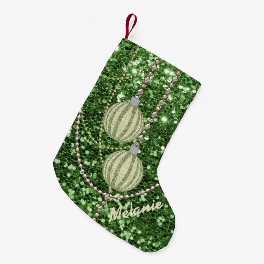 Green Faux Glitter Ornament Balls Kleine Kerstsok (Voorkant (Hangend))