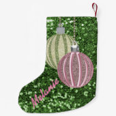 Green Faux Glitter Pink & Green Ornament Balls Kleine Kerstsok (Achterkant)