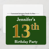 Green, Faux Gold 13th Birthday Party + aangepaste  Kaart (Voorkant / Achterkant)