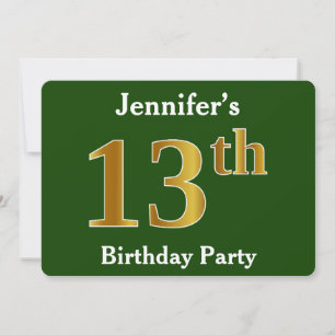 Green, Faux Gold 13th Birthday Party + aangepaste  Kaart