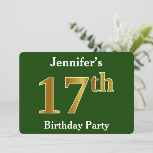 Green, Faux Gold 17th Birthday Party + aangepaste  Kaart (Staand voorkant)