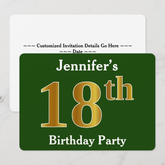Green, Faux Gold 18th Birthday Party + aangepaste  Kaart (Voorkant / Achterkant)