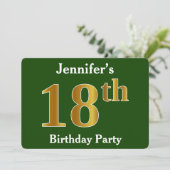 Green, Faux Gold 18th Birthday Party + aangepaste  Kaart (Staand voorkant)