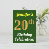 Green, Faux Gold 20th Birthday Celebration + Name Kaart (Staand voorkant)