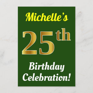 Green, Faux Gold 25th Birthday Celebration + Name Kaart