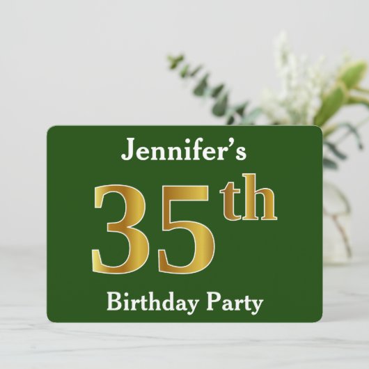 Green, Faux Gold 35th Birthday Party + aangepaste  Kaart (Staand voorkant)