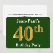 Green, Faux Gold 40th Birthday Party + aangepaste Kaart (Voorkant / Achterkant)