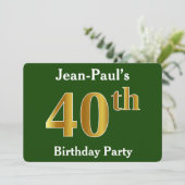 Green, Faux Gold 40th Birthday Party + aangepaste Kaart (Staand voorkant)