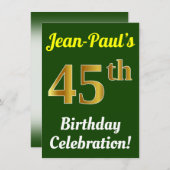 Green, Faux Gold 45th Birthday Celebration + Name Kaart (Voorkant / Achterkant)