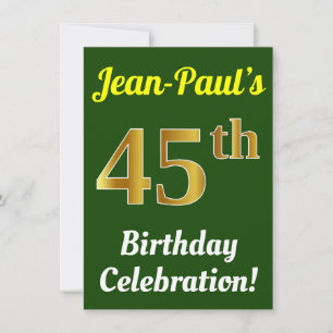 Green, Faux Gold 45th Birthday Celebration + Name Kaart