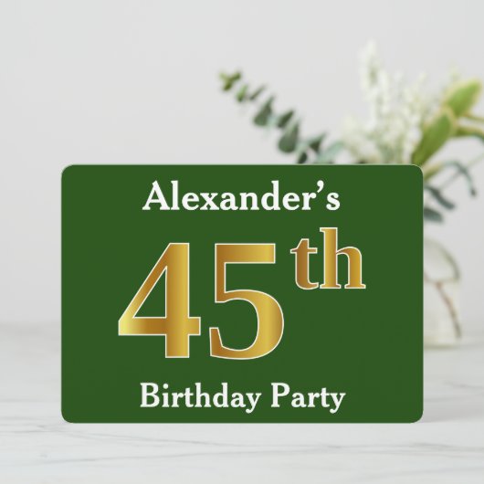 Green, Faux Gold 45th Birthday Party + aangepaste  Kaart (Staand voorkant)