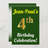 Green, Faux Gold 4th Birthday Celebration + naam Kaart (Voorkant / Achterkant)