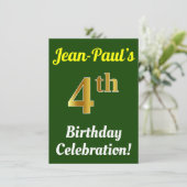 Green, Faux Gold 4th Birthday Celebration + naam Kaart (Staand voorkant)